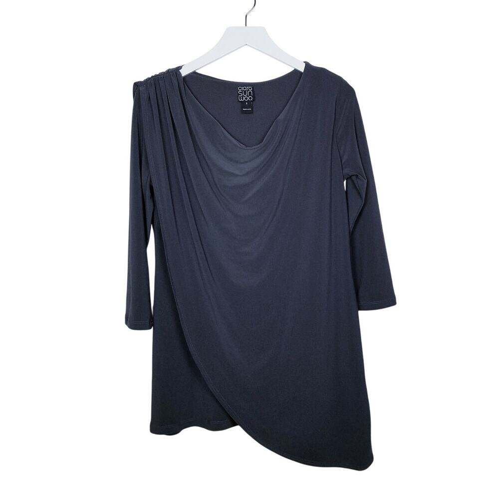 CLARA SUN WOO Tunic or Dress Drape Asymm Minimalist Slinky Knit Modern - S
